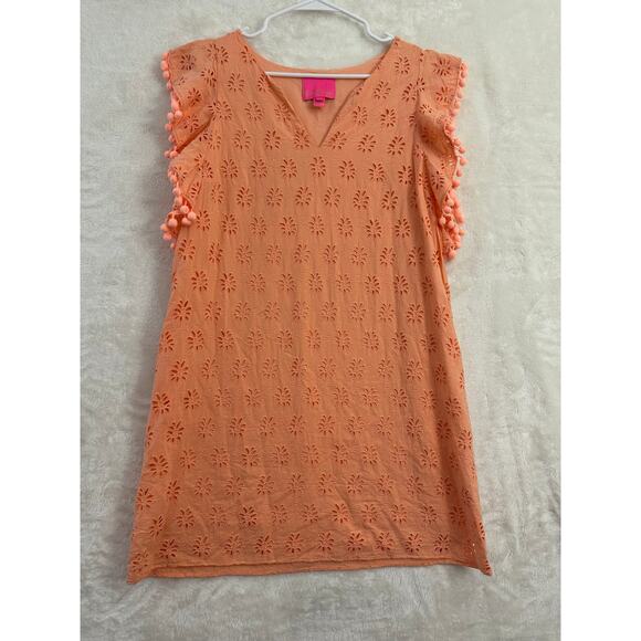 Lilly Pulitzer Astara Peach Dress M Palm Tree Eyelet Pom Pom - Picture 1 of 10
